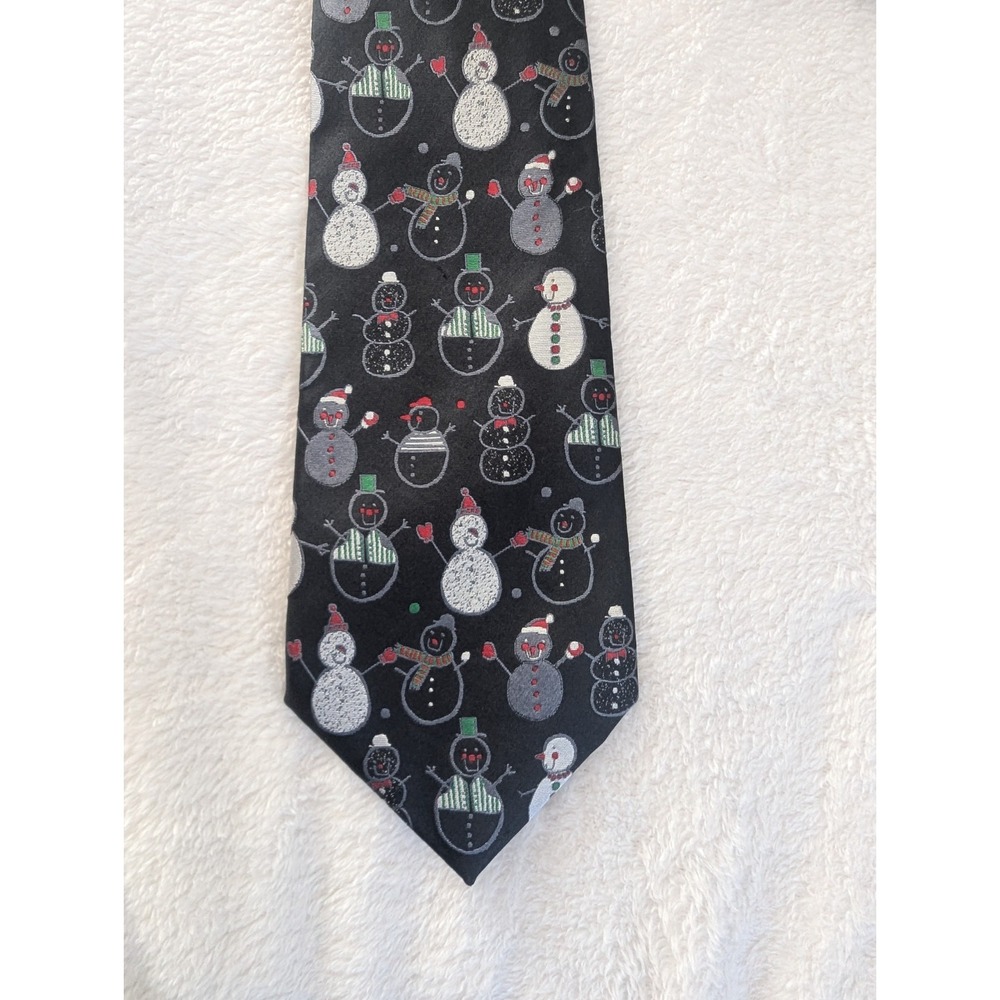 Vtg American Greetings Necktie Black Snowman Holiday Silk Mens OS